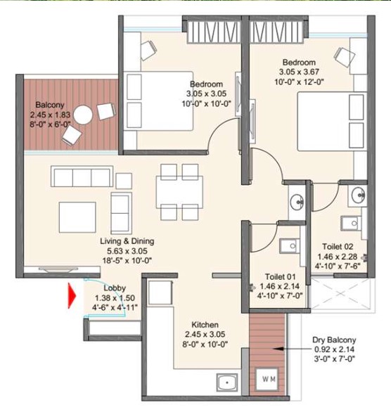 2 BHK floor plan