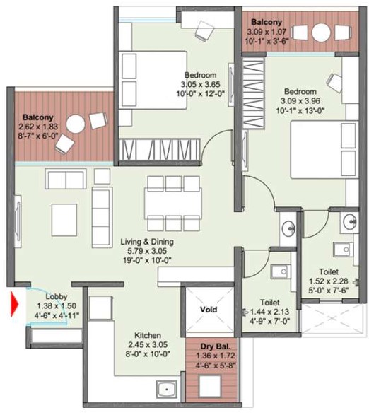 2 BHK floor plan