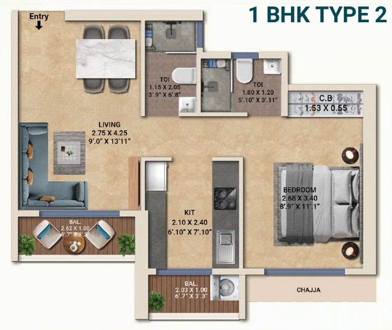 1 BHK floor plan