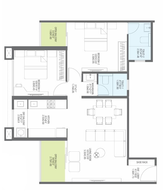 2 BHK floor plan