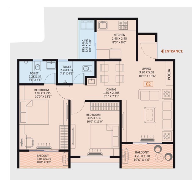 2 BHK floor plan