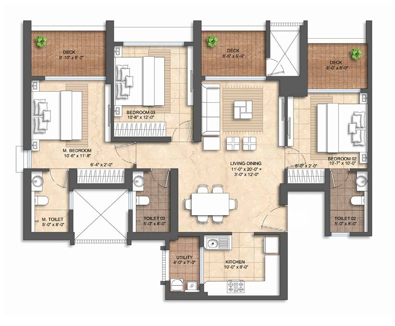 3 BHK floor plan