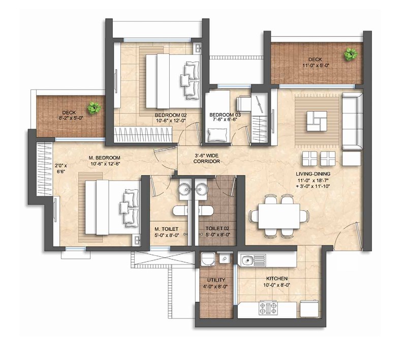 3 BHK floor plan