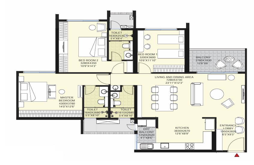 3 BHK floor plan