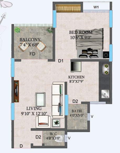 1 BHK floor plan