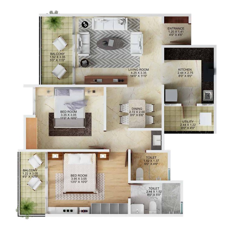 2 BHK floor plan