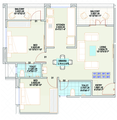 2 BHK floor plan