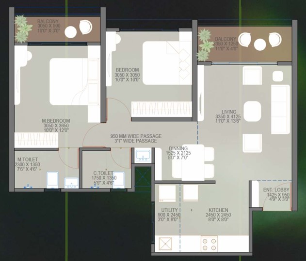 2 BHK floor plan