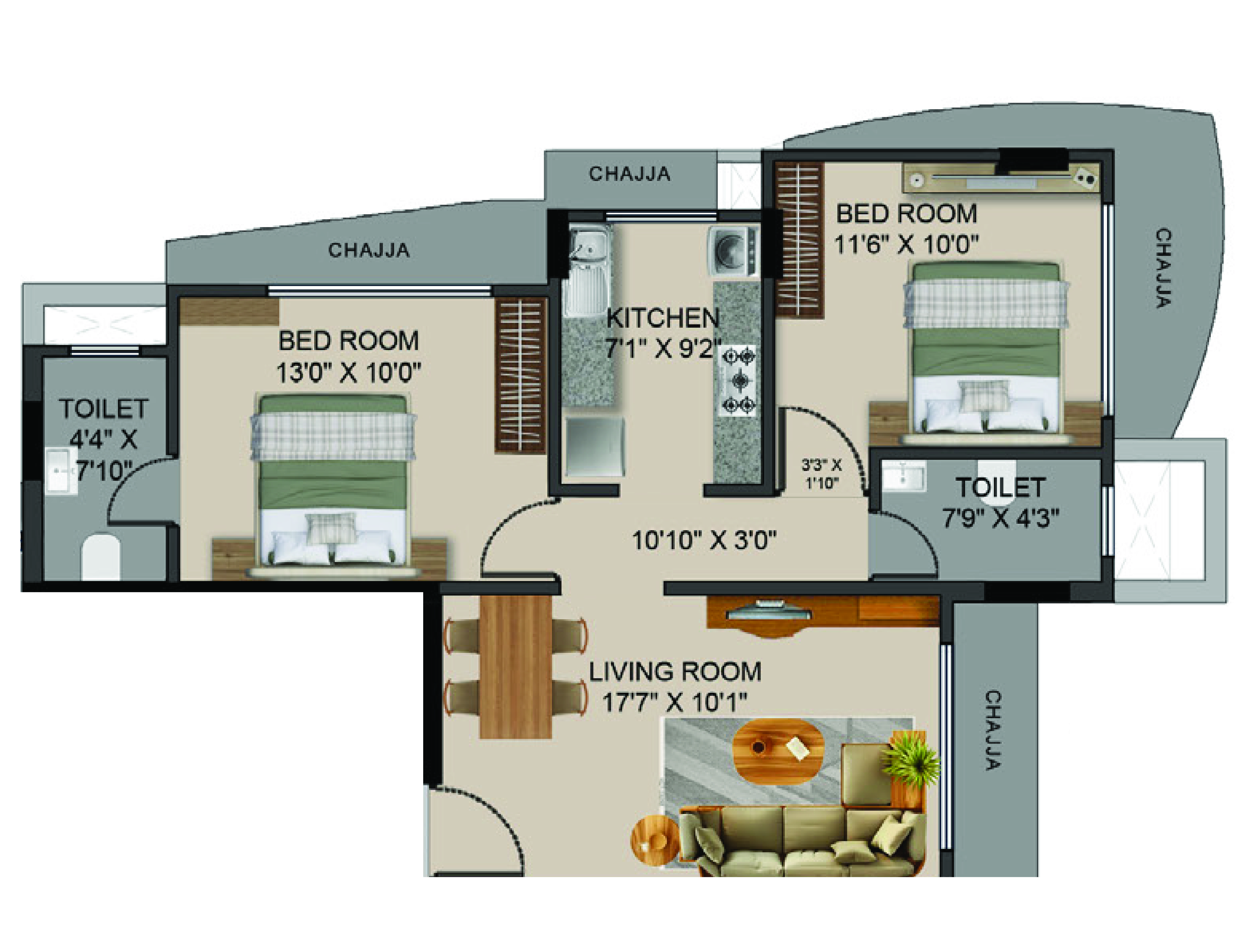 2 BHK floor plan