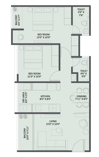 2 BHK floor plan