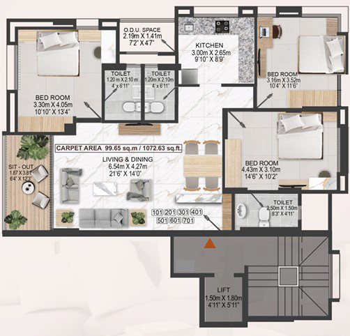 3 BHK floor plan