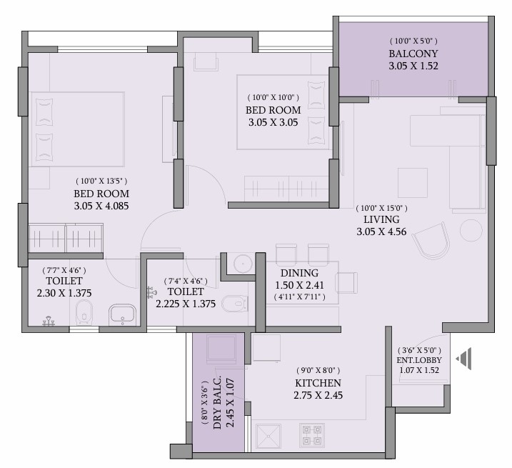 2 BHK floor plan