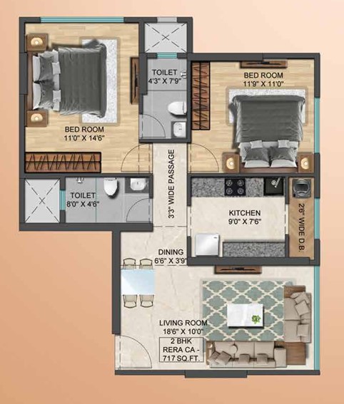 2 BHK floor plan