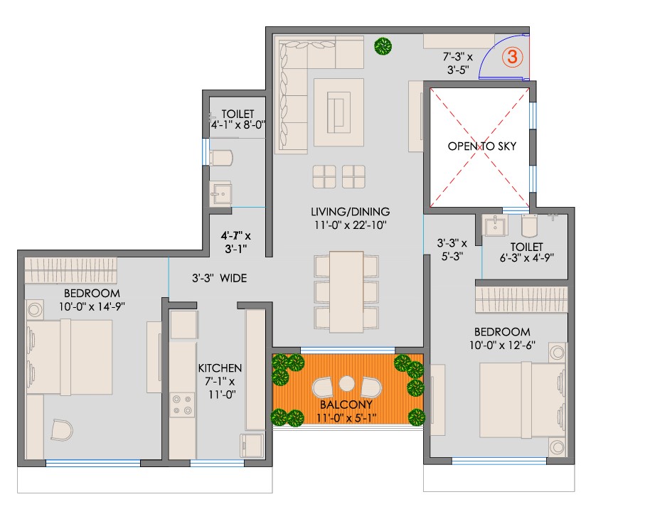 2 BHK floor plan