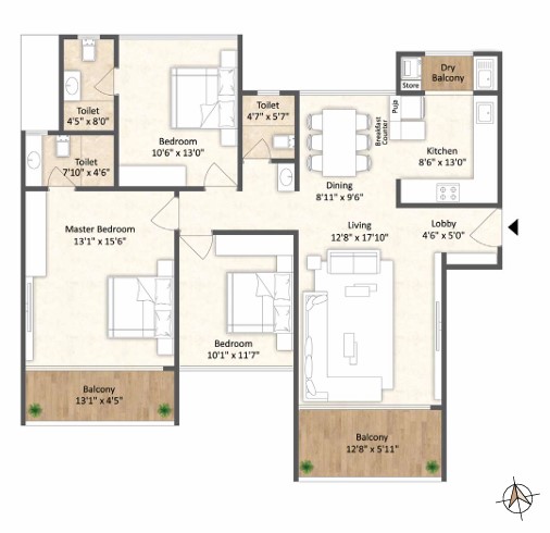 3 BHK floor plan