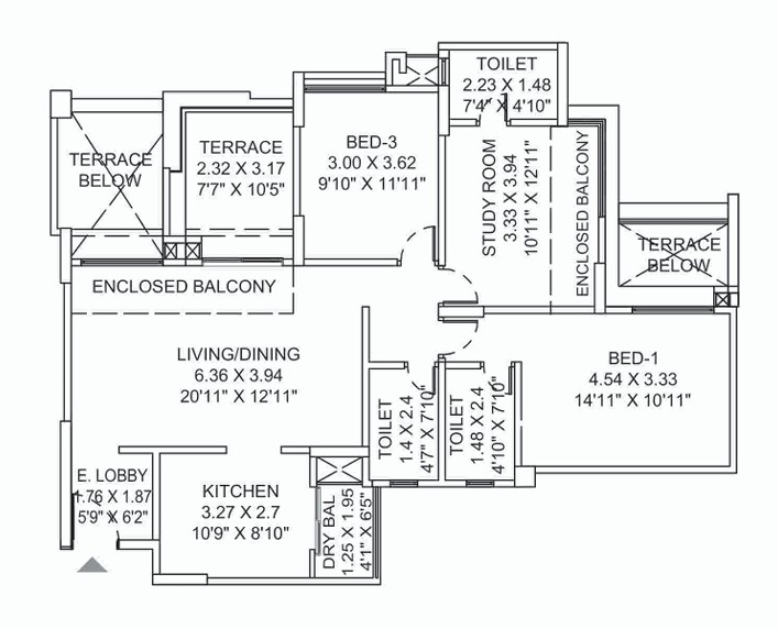 3 BHK floor plan