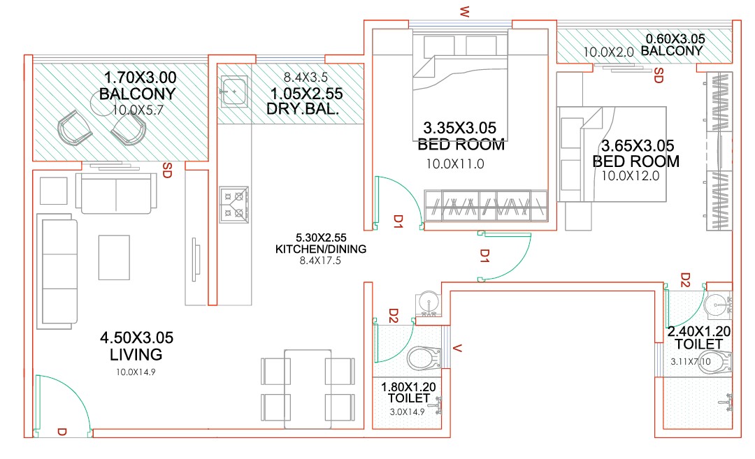 2 BHK floor plan