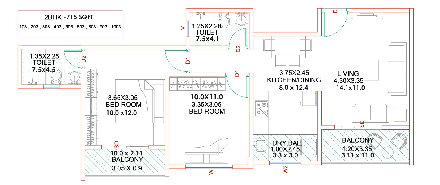 2 BHK floor plan