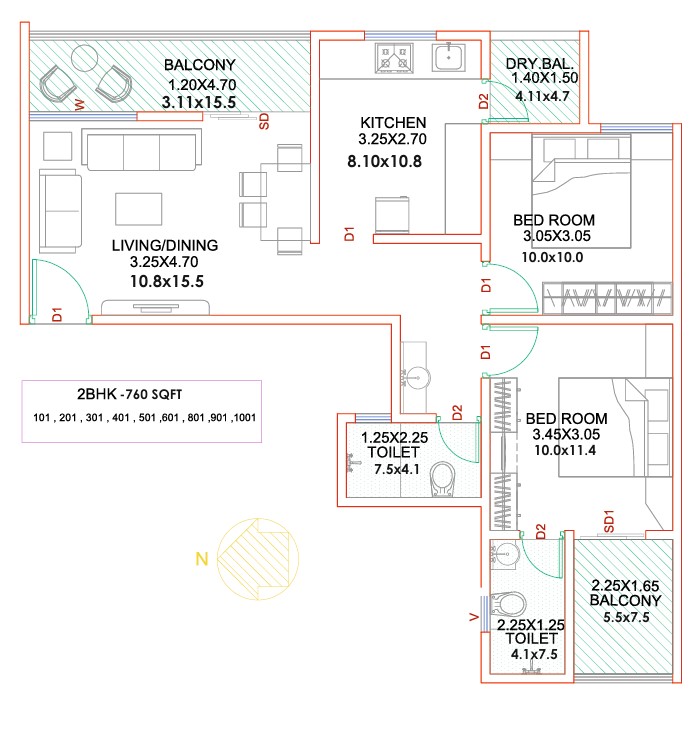 2 BHK floor plan
