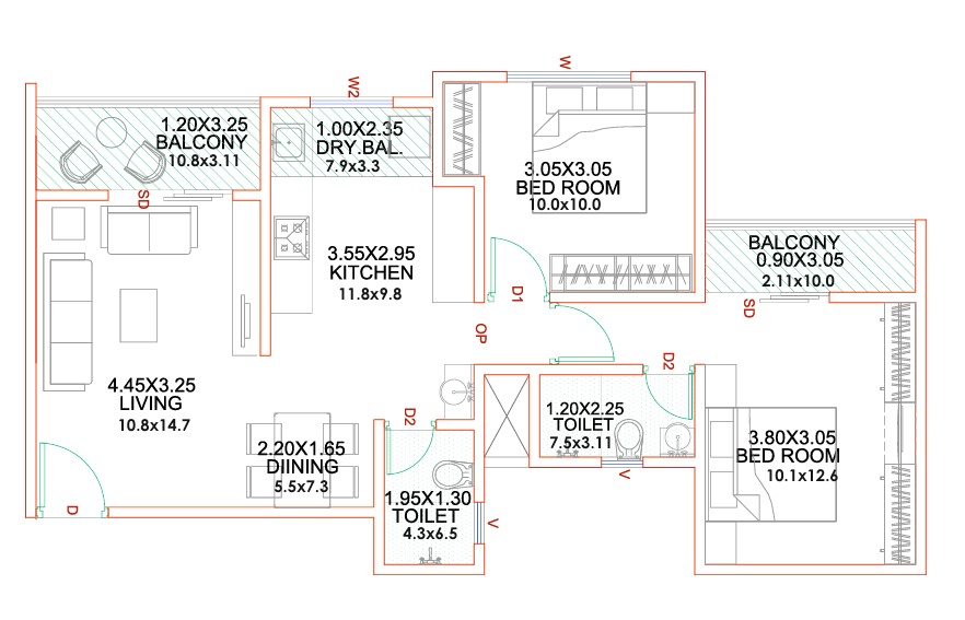 2 BHK floor plan