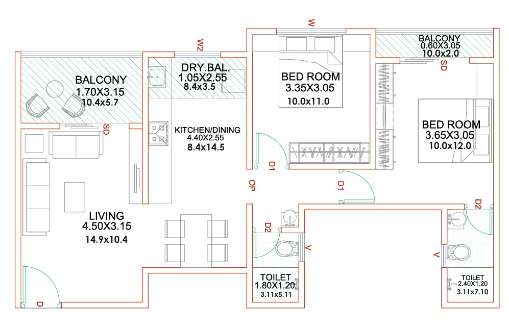 2 BHK floor plan