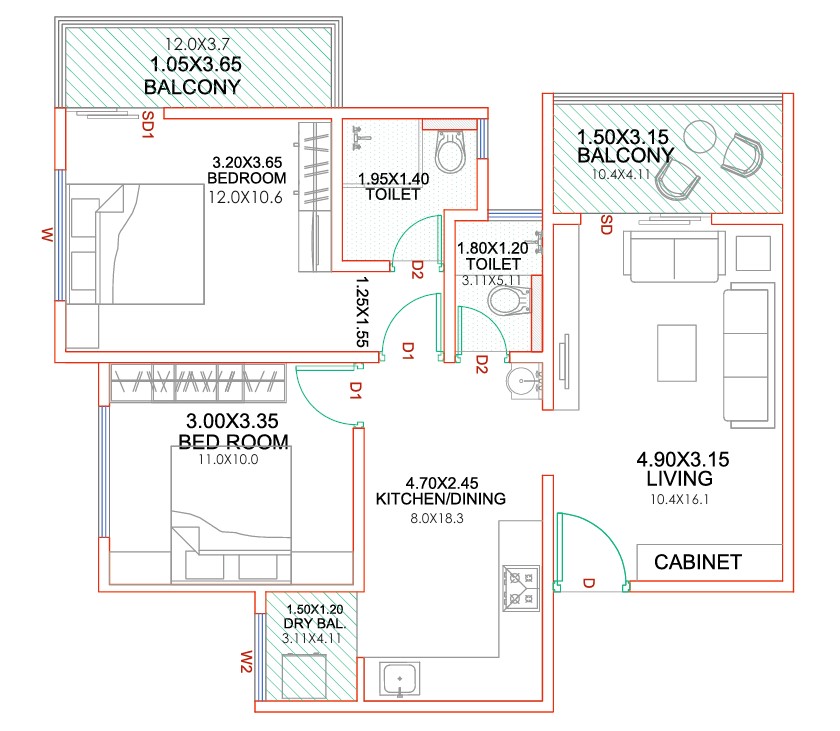 2 BHK floor plan
