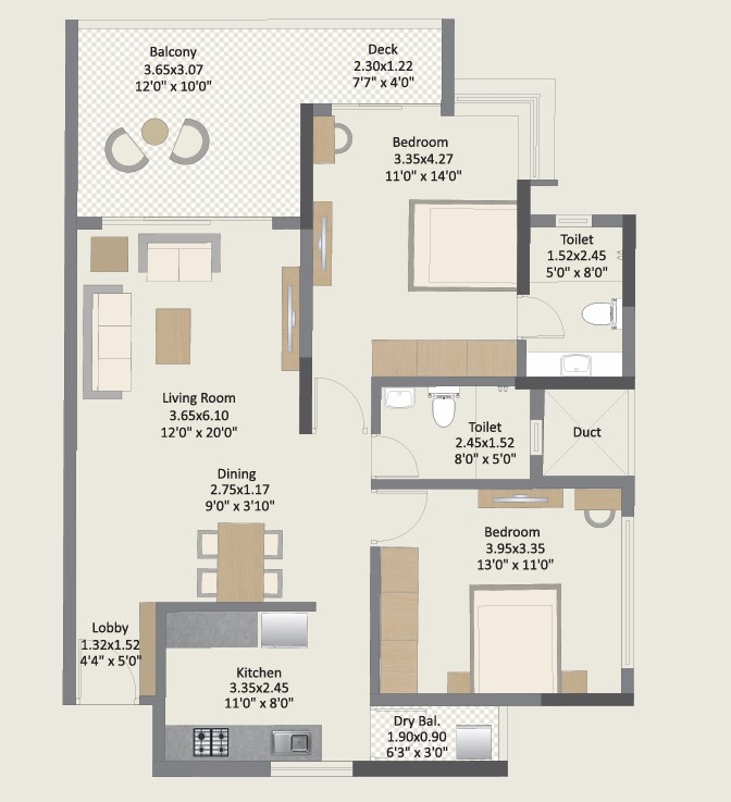 2 BHK floor plan
