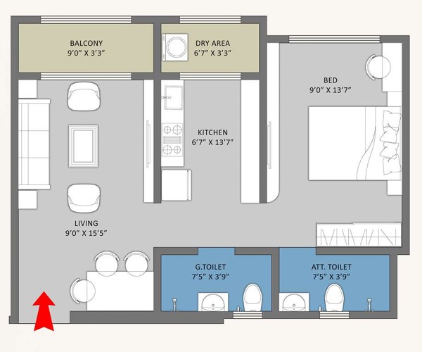1 BHK floor plan