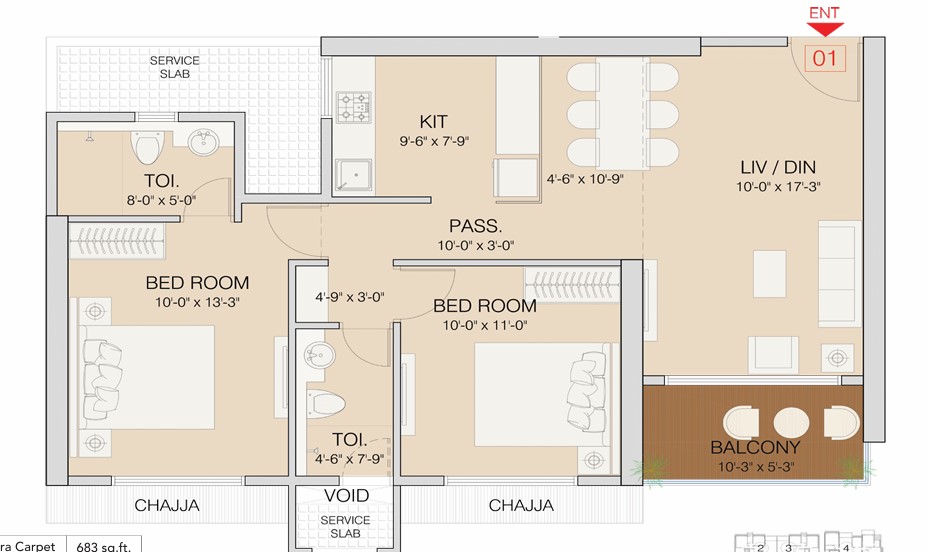 2 BHK floor plan