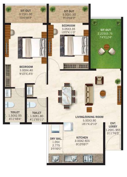 2 BHK floor plan