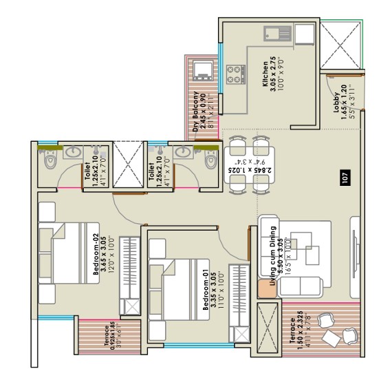 2 BHK floor plan
