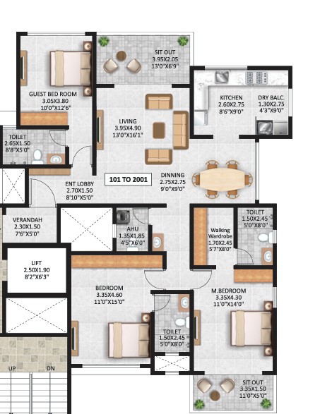 3 BHK floor plan