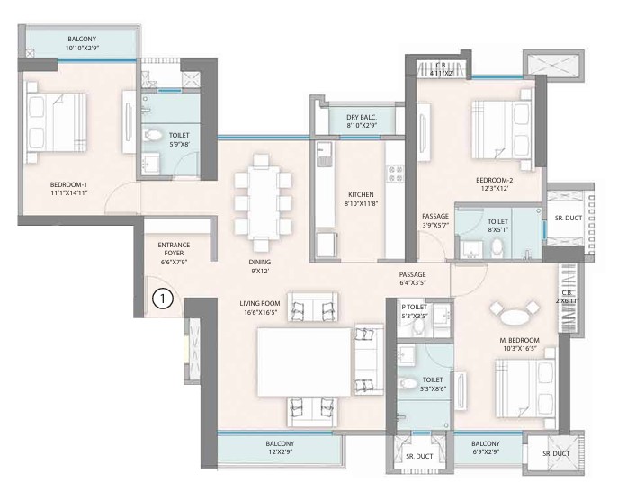 3 BHK floor plan