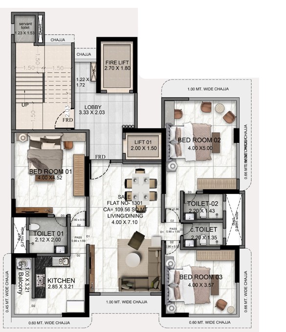 3 BHK floor plan