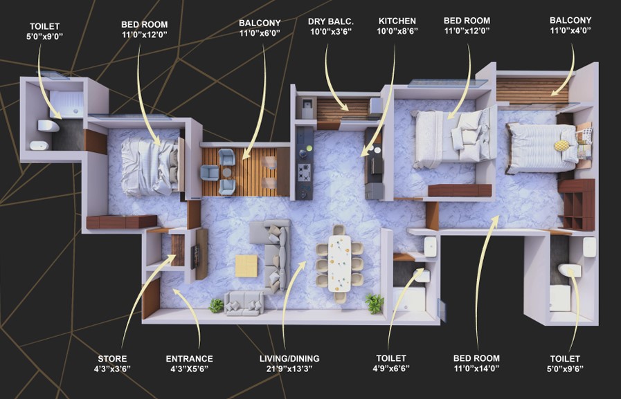 3 BHK floor plan