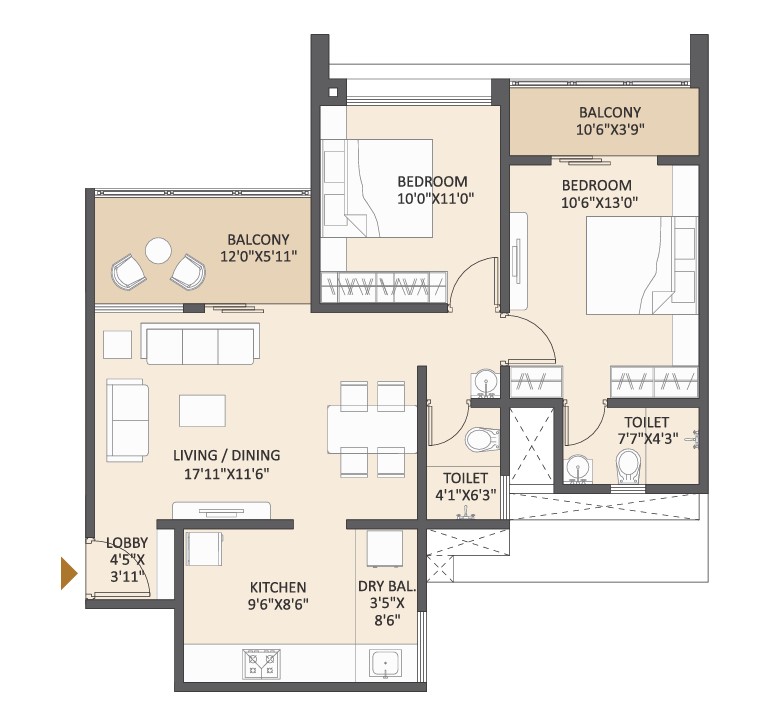 2 BHK floor plan