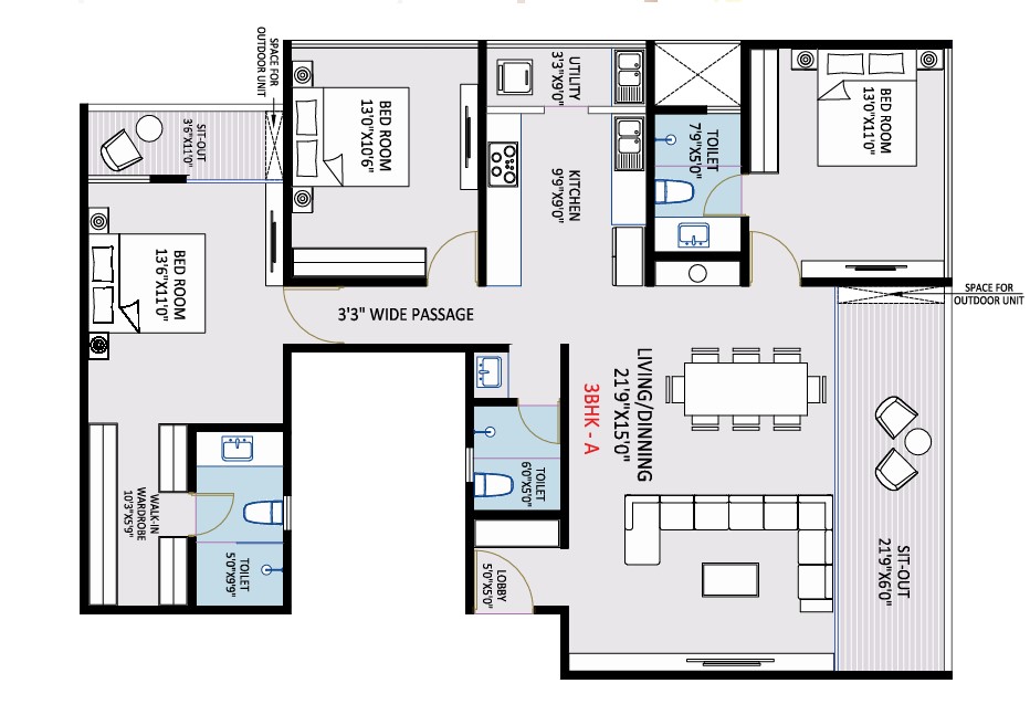 3 BHK floor plan