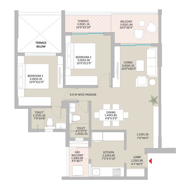 2 BHK floor plan