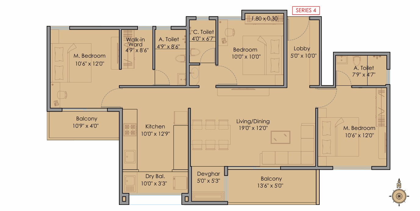 3 BHK floor plan