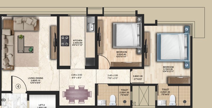 2 BHK floor plan