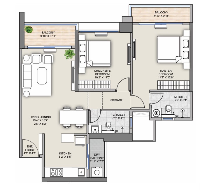2 BHK floor plan