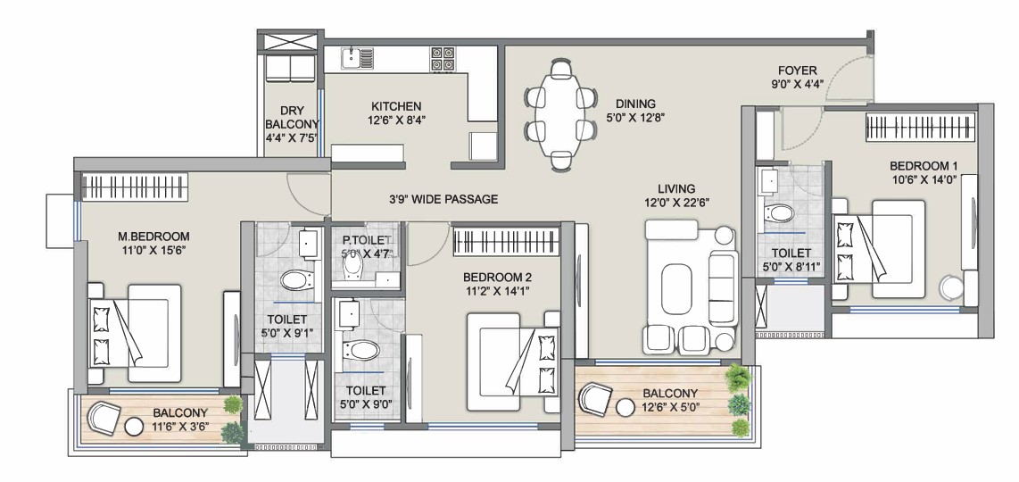3 BHK floor plan