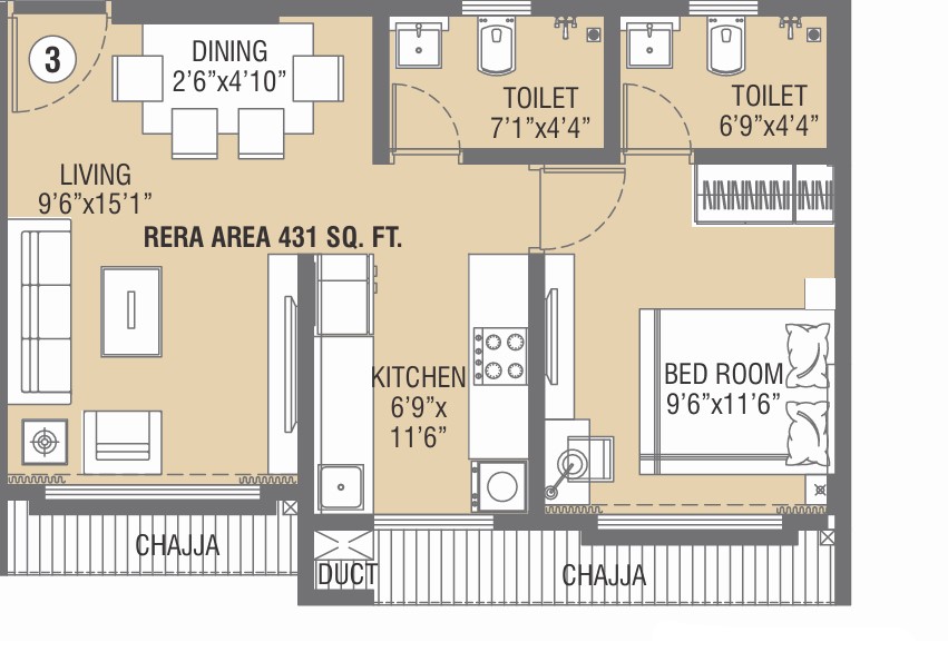 1 BHK floor plan