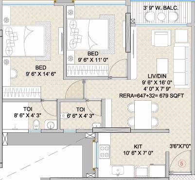 2 BHK floor plan