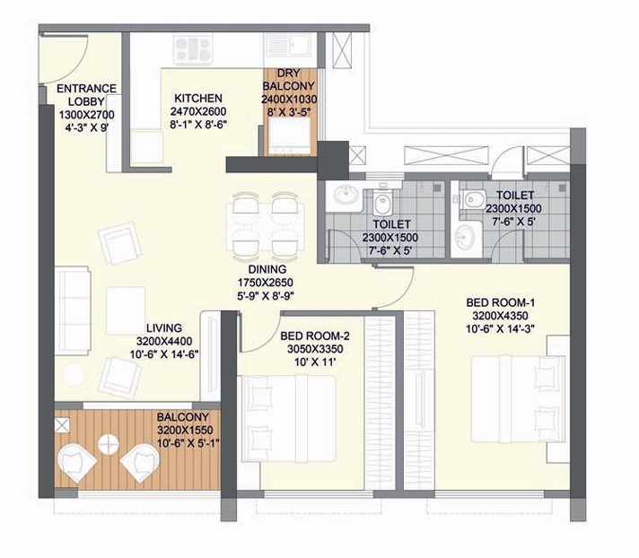 2 BHK floor plan