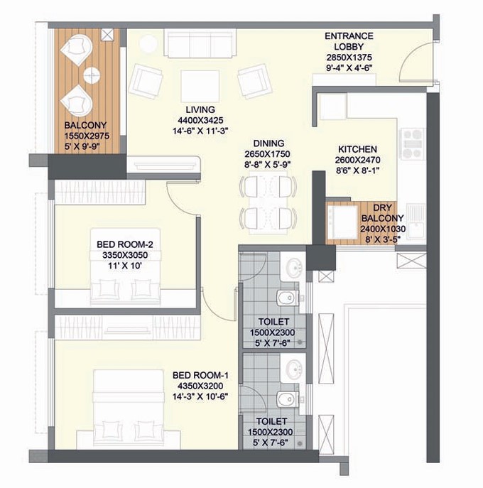 2 BHK floor plan