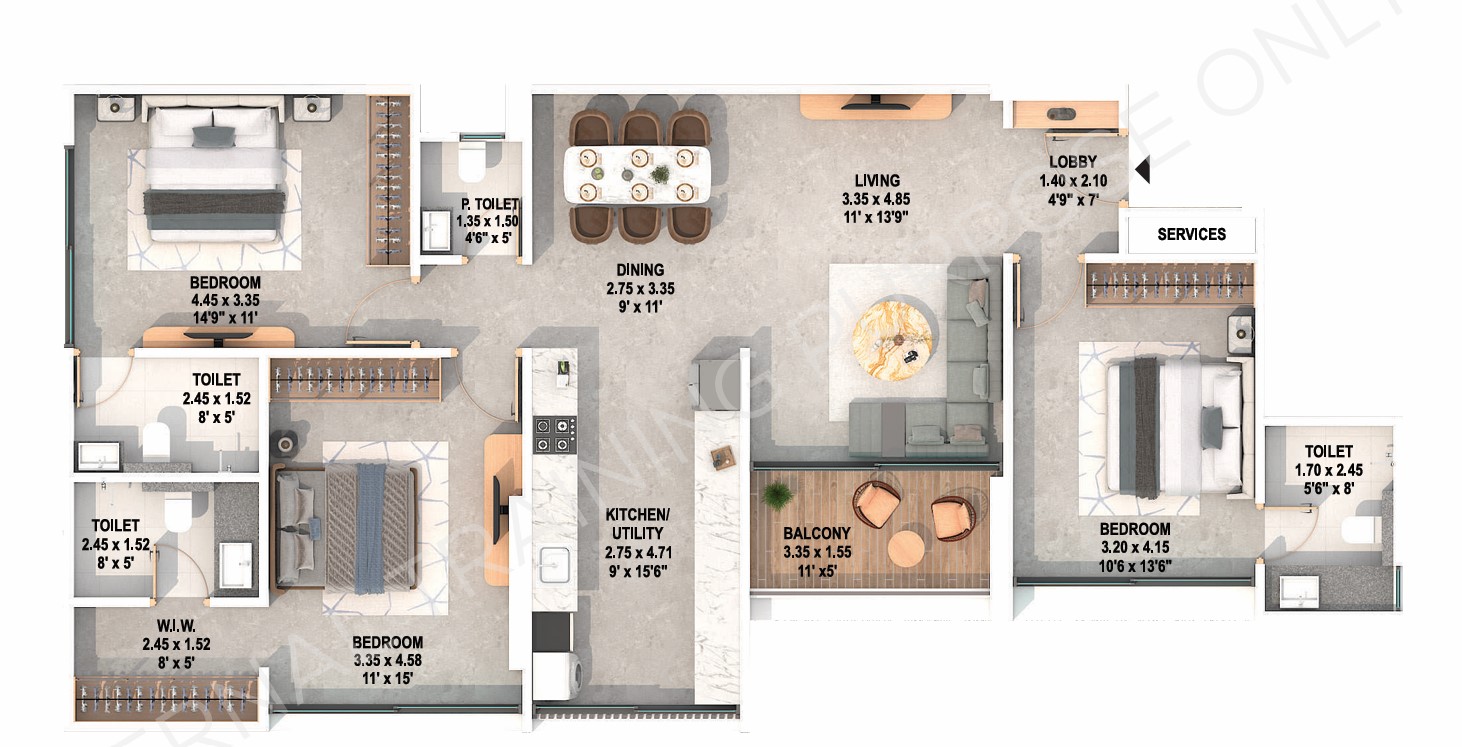 3 BHK floor plan