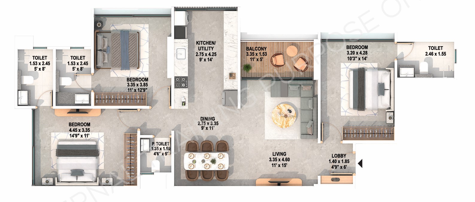 3 BHK floor plan