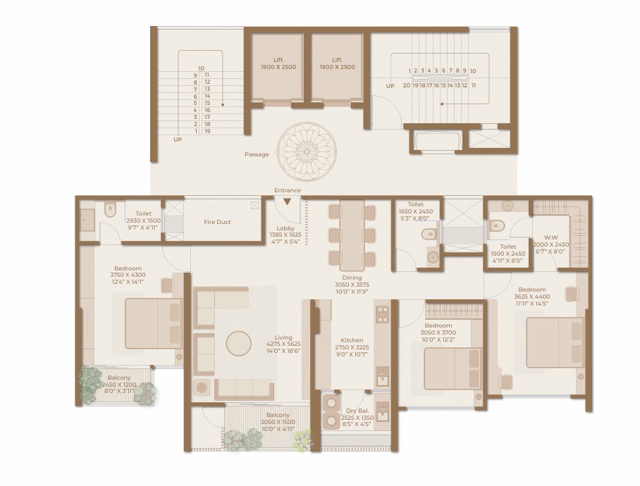 3 BHK floor plan