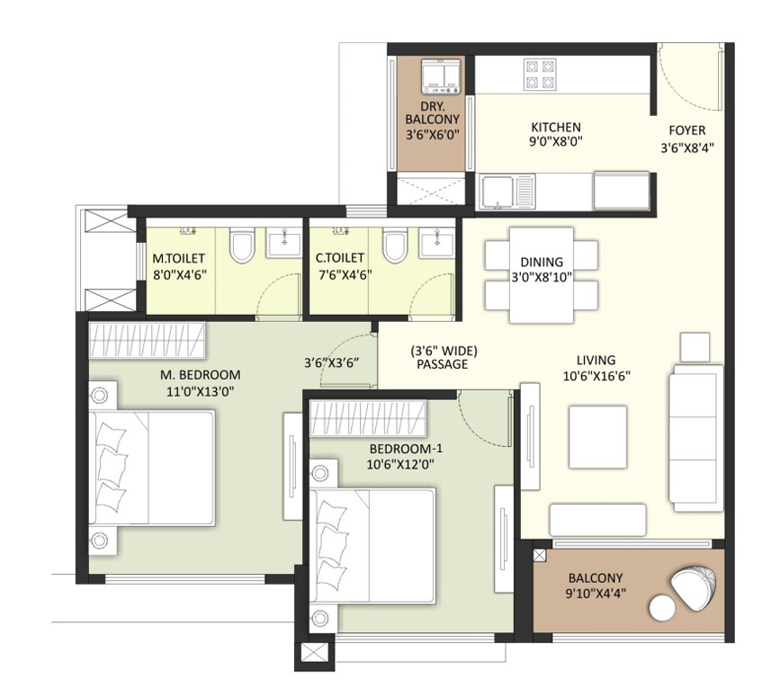 2 BHK floor plan
